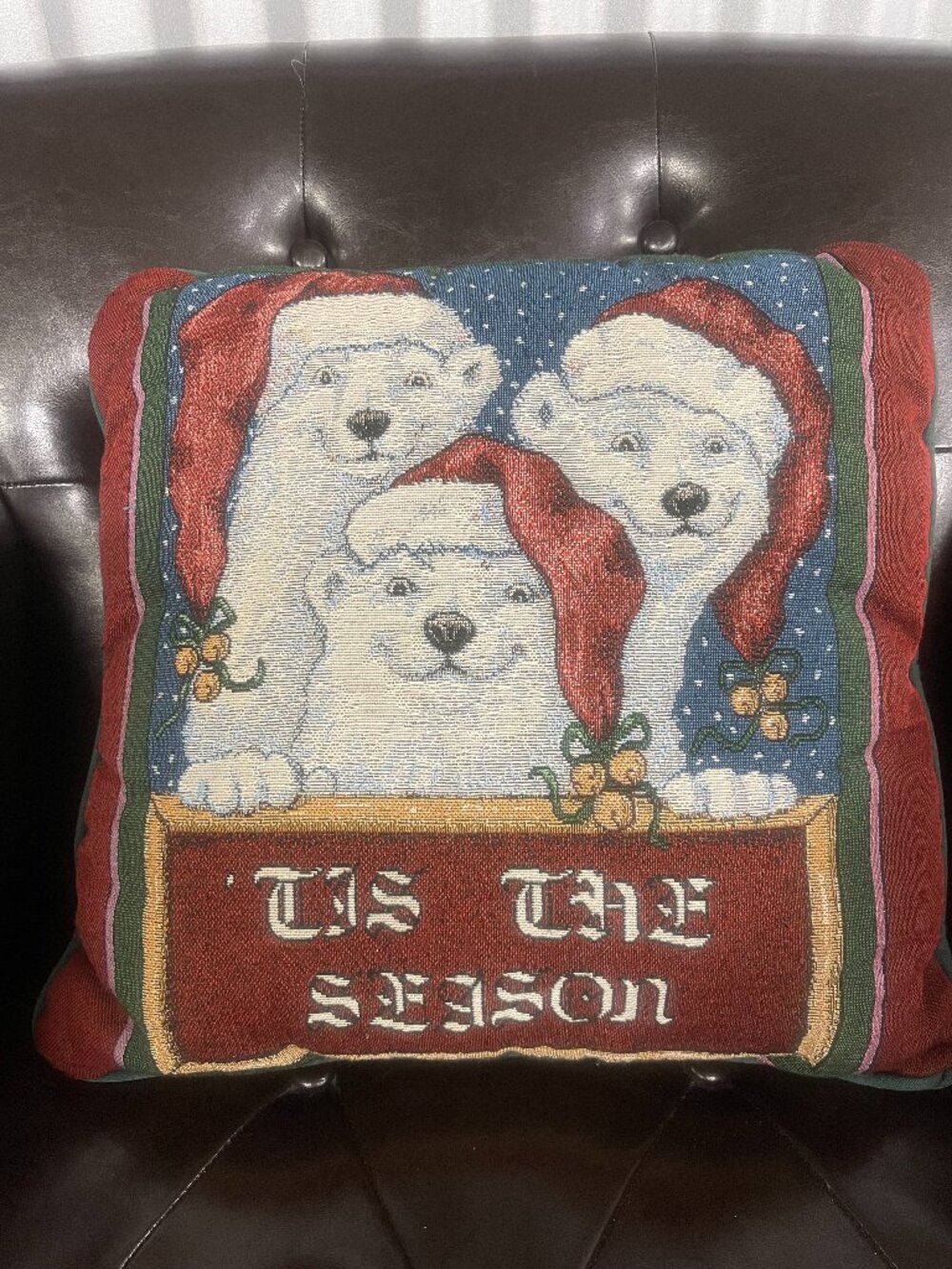 Tis The Season Christmas Polar Bear Tapestry Pillow 12x12